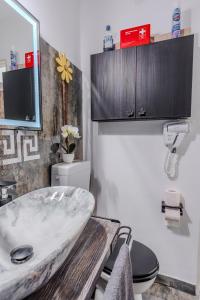 a bathroom with a sink and a toilet at Tiki's Bar studio in Bucharest