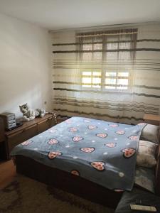 a bedroom with a bed and a cat sitting on a table at Apartman Zivic in Berilovac