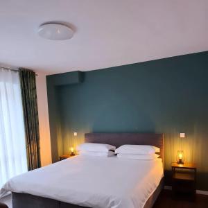 a bedroom with a large bed with a blue wall at Ferienwohnung Maria - Bitburg 