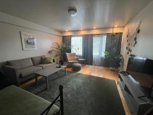 a living room with a couch and a tv at Cityflat by Travel Center in Lappeenranta