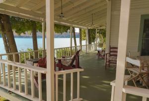 a dog sitting in a chair on the porch of a house at Charming 1-bedroom Waterfront Cottage in Morgan VT in Morgan
