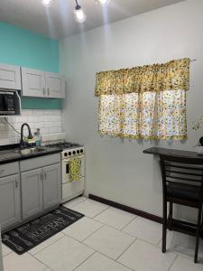 a kitchen with a sink and a stove and a window at Denyse Home Cottage in Saint Johnʼs