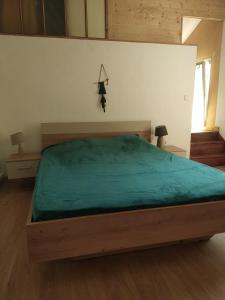 a bedroom with a bed with a green comforter at Les amandiers in Gigors +2 photos