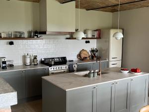 una cocina con fregadero y estufa en Casa Balau, en Costigliole dʼAsti