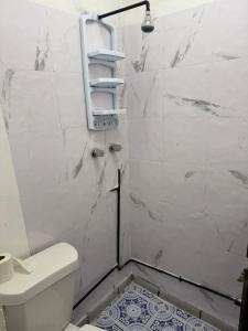 a white bathroom with a toilet and a shower at Mini Departmento in Jiutepec