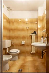 un baño con inodoro y lavabo en Appartamenti Callori Karin, en Canazei 12 fotos más