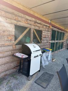 ein Ofen neben einem Gebäude mit einer Wand in der Unterkunft Glamping in nature in Zlín