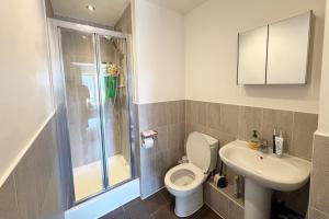 a bathroom with a toilet and a sink and a shower at Top-Floor Penthouse with Panoramic Views in Romford +12 photos