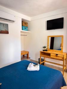 a bedroom with a blue bed and a mirror at Hotel Azahara in Cancún