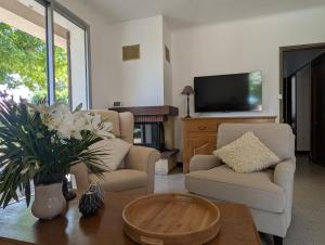 a living room with two chairs and a tv at LE CHESTER - Maison de charme en Provence avec piscine près de L'Isle-sur-la-Sorgue in Velleron