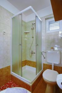 a bathroom with a glass shower with a toilet at Apartments Vila Ana in Seline +44 photos