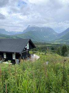 a house in a field with mountains in the background at Great cabin in beautiful nature in Ørsta