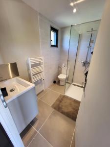 une salle de bain avec douche, lavabo et toilettes dans l'établissement Chalet, hot tub and pool, quiet and with a view Sawadee lodge spa, à Saint-Affrique