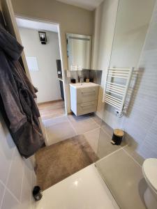 une salle de bain avec un lavabo et un miroir dans l'établissement Chalet, hot tub and pool, quiet and with a view Sawadee lodge spa, à Saint-Affrique