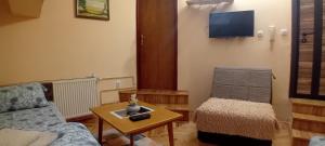 ein Wohnzimmer mit einer Couch und einem Tisch und einem Stuhl in der Unterkunft Studio Apartman My Home in Novi Sad