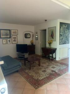 a living room with a couch and a tv and a table at Appartement près de DOLE in Menotey