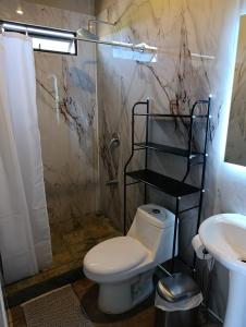 a bathroom with a toilet and a shower and a sink at Maracuyá Garden Stanza 2 in Parrita +9 photos