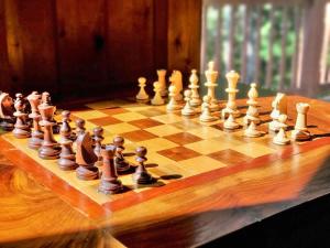 a wooden chess board with chess pieces on it at New Mtn Views Hot Tub Arcade Chess in Sautee Nacoochee