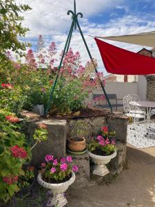 a garden with flowers in pots and an umbrella at Maison de famille proche du château et grande terrasse-jardin in Pornic