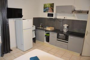 a kitchen with a white refrigerator and a sink at Sweet Mangot in Gros-Morne