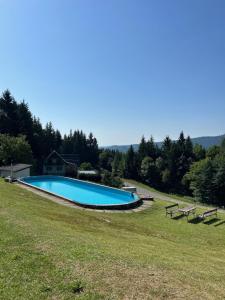 a large swimming pool in a field with two benches at Almhaus Kloster 38 in Kloster