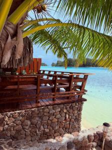 a wooden bench under a palm tree on the beach at GAIA BEACH AND LAGOON - At Tiahura place in Haapiti