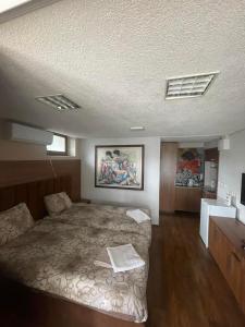 a bedroom with a bed and a couch in it at Studio By the Lake in Ohrid
