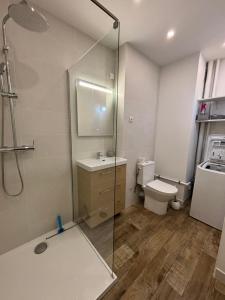 een badkamer met douche, wastafel en toilet bij Etoile de mer - Menton, Garavan in Menton