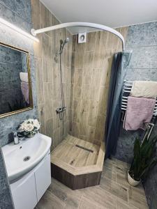 a bathroom with a shower with a sink and a toilet at Standart - апартаменты рядом с термальными источникамм in Berehove