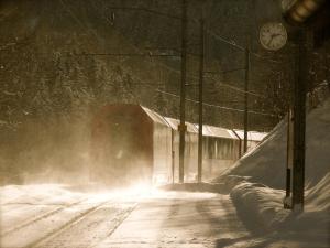 レッキンゲンにあるSwiss Chalet on slopes up to 10pax!の橋と時計のある雪の降る通り