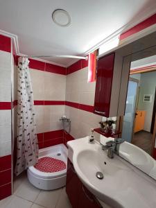 サランダにあるVilla Behar - Lagoonの赤と白のバスルーム(洗面台、トイレ付)