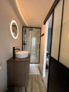 a bathroom with a sink and a shower at Veules-les-Roses Studio in Veules-les-Roses