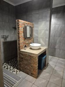 a bathroom with a stone sink and a mirror at Boemsies in Jacobsdal +46 photos