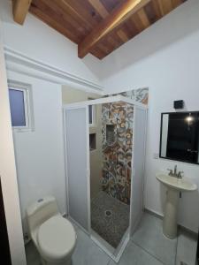 a bathroom with a shower and a toilet and a sink at La Finca Tilhuacán in San Lucas Xoloc +40 photos