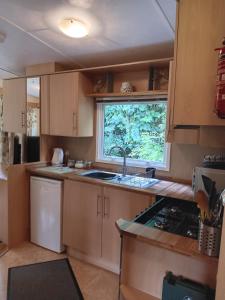 a kitchen with a sink and a window at Hendre Glamping- Caravan Bryngwyn in Boncath