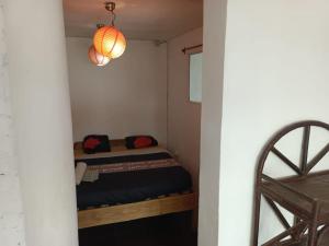 a small room with a bed and a chandelier at les 3 écrevisses in Antananarivo