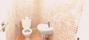 a small bathroom with a toilet and a sink at Thalassa View c3 in Khalkoútsion