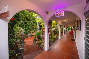 an alleyway in a building with plants at Coconut Palms Inn in Rincon +50 photos