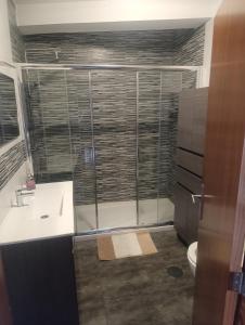a bathroom with a shower and a sink and a toilet at Apartamento T2 Vista mar in Vila do Conde