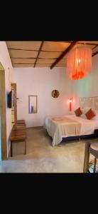 a bedroom with two beds and a chandelier at Casa do Francês in Japaratinga
