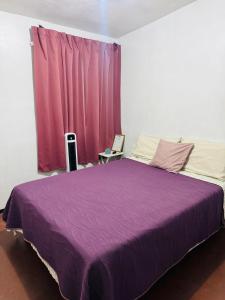 a bedroom with a purple bed in front of a window at Casa Inteligente Anys in Tampico