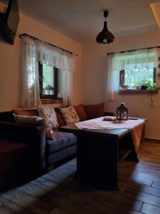 a living room with a table and a couch at Dziki brzeg Jezioraka in Plajny