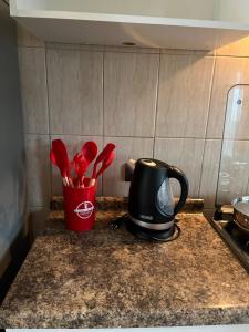 a kitchen counter with a coffee pot and utensils at Alojamiento in Calbuco +2 photos