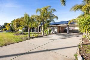 a house with palm trees in front of a driveway at Seednest Barossa Vineyard Escape in Tanunda