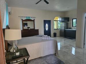 a bedroom with a bed and a table with a lamp at FiveSixty Park Place in Montego Bay