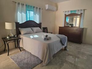 a bedroom with a bed and a dresser and a mirror at FiveSixty Park Place in Montego Bay