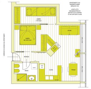 a floor plan of a building with yellow at Nido nelle Dolomiti Apartment in Marilleva