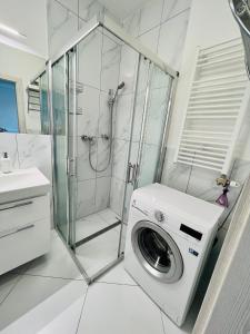 a washing machine in a bathroom with a shower at Beautiful apartment in the city center,with full amenities in Poprad