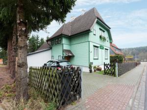a green house with a car parked in front of it at Ferienhaus mit Wellnessbereich in Elend in Elend