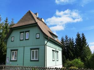 a green and white house with a roof at Ferienhaus mit Wellnessbereich in Elend in Elend
